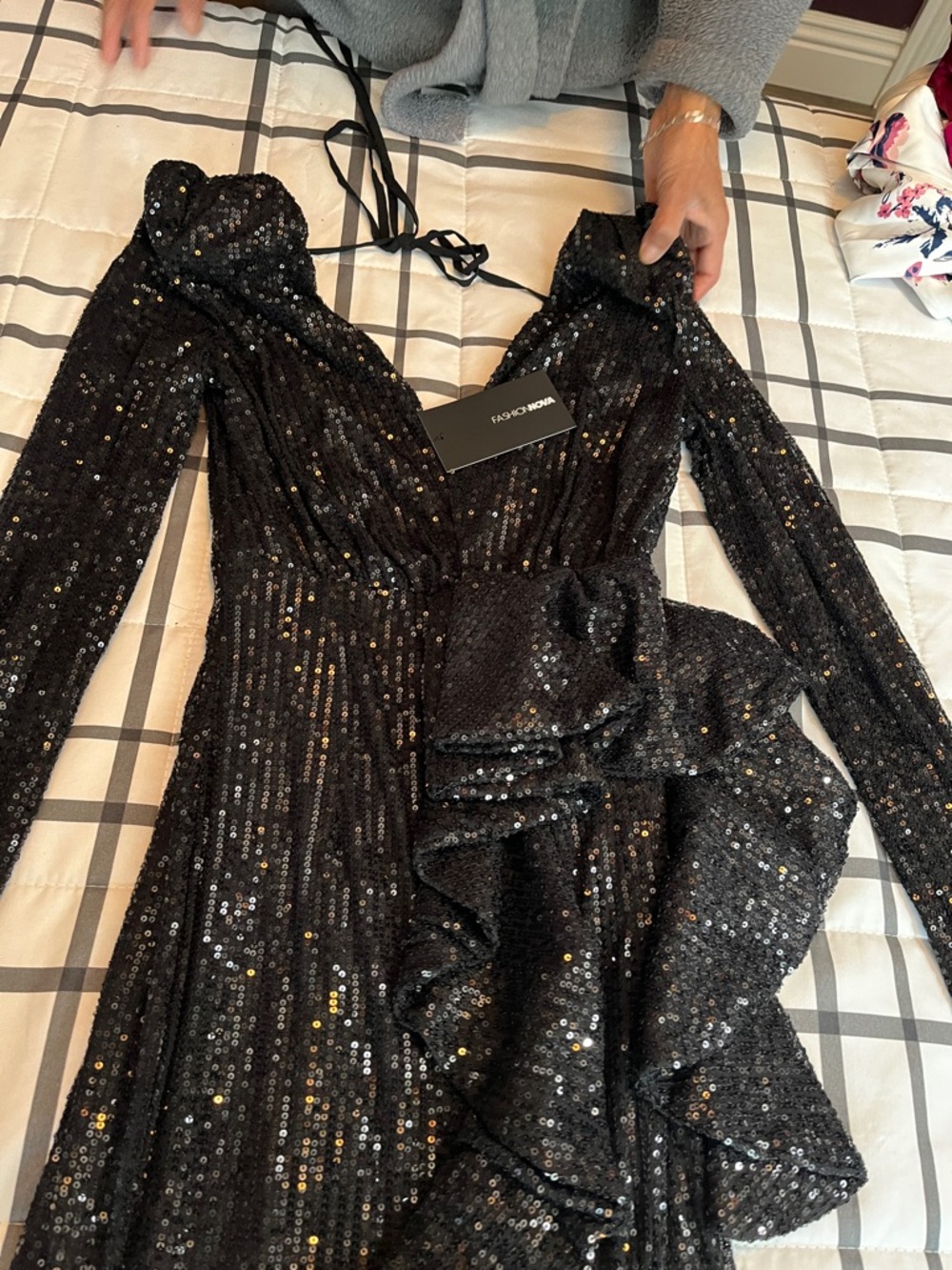 Fashion Nova Black Sequin Long Sleeve Ruffle Midi Dress